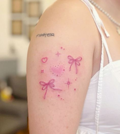 Pink Tattoo Ink, Tatuaje Hello Kitty, Pink Bow Tattoos, Gothic Tattoos, Kpop Tattoos, Cybercore Aesthetic, Pink Tattoo, Funky Tattoos, Cute Little Tattoos