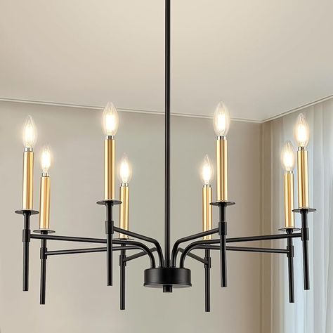 ONESMING Modern Black and Gold Chandelier for Dining Room,8-Light Farmhouse Kitchen Chandeliers Over Table,E12 Metal Hanging Candle Pendant Light Fixture for Entryway Foyer Bedroom(Blubs Not Included) - Amazon.com Kitchen Pendant Lights Black, Gold Dining Room Light Fixture, Black And Gold Dining Room, Gold Pendant Light Kitchen, Black And Gold Pendant Light, Black And Gold Chandelier, Candle Pendant Light, Pendant Lights Black, Lamp Drawing