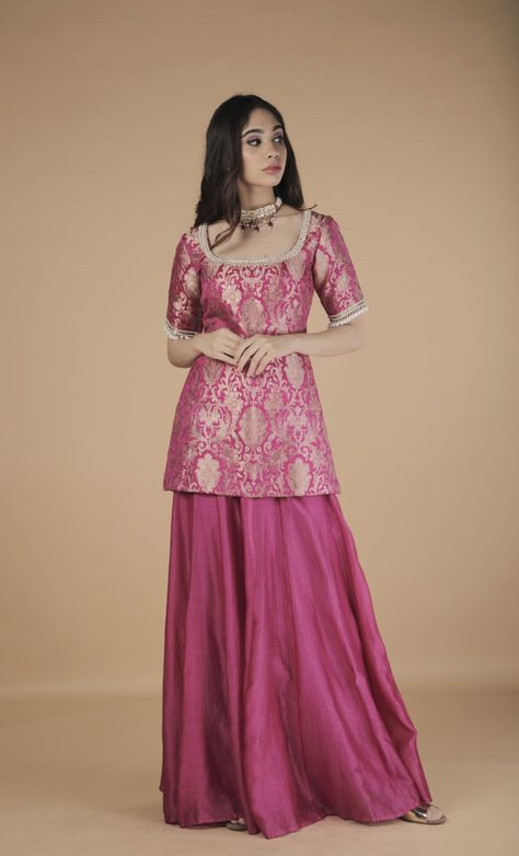 Brocade Indian Outfits, Satin Western Outfits, Bridesmaid Outfit Ideas Indian, Saree To Dress Designs, Skirt And Kurti Indian, Kurti Skirt Indian Weddings, Banarsi Gown Design, Contemporary Indian Wear, Banaras Kurti Designs