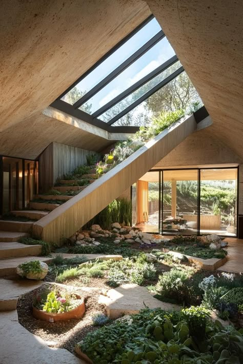 Sunken House Architecture, Framing A View Architecture, In House Courtyard, House With Views Floor Plans, Courtyard Design Architecture, Houses On Hillside, Built Into Hillside, Stunning Houses, House Built Into Hillside