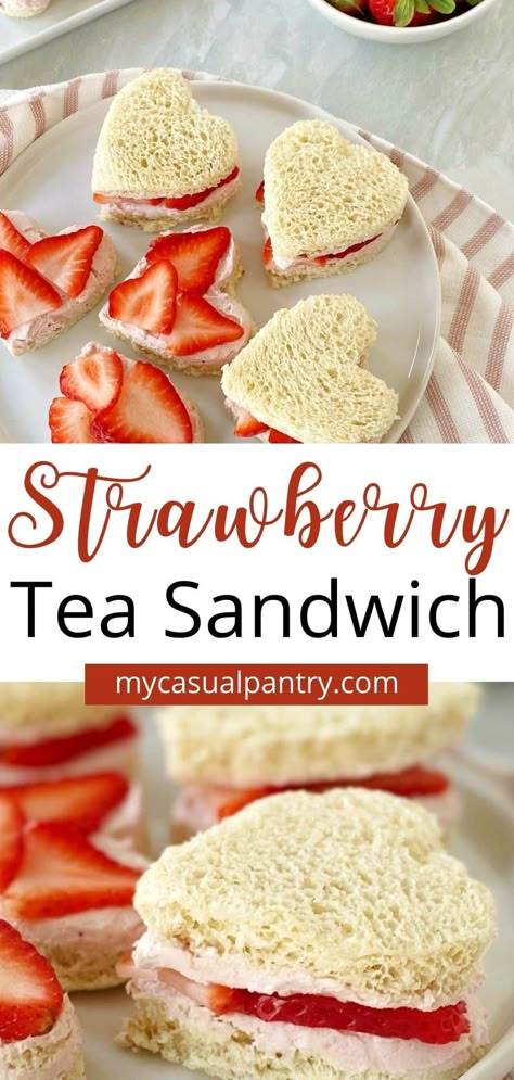 Birthday Party Food Sandwiches, Strawberry Cream Cheese Tea Sandwiches, Sweet Tea Sandwiches, How To Make Tea Party Sandwiches, Strawberry And Cream Sandwiches, Yea Party Brunch, Tea Foods Party, Tea Party Sandwiches For Kids, How To Make Tea Sandwiches