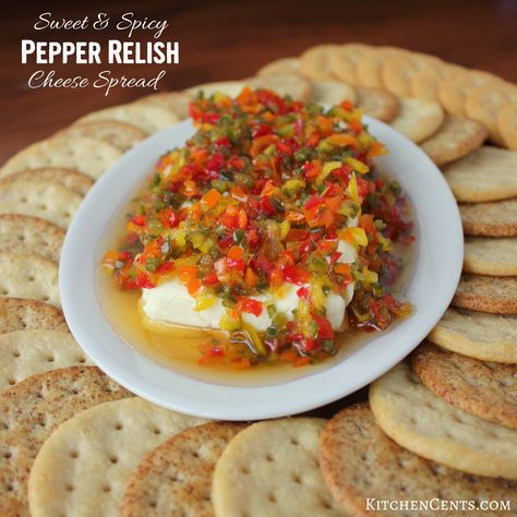 Easy Sweet & Spicy Pepper Relish Cream Cheese Spread | KitchenCents.com Hot Pepper Relish, Super Bowl Party Food, Pepper Relish, Apple Jelly, Bowl Party Food, Relish Recipes, Sweet Pepper, Cream Cheese Dips, Quick And Easy Appetizers