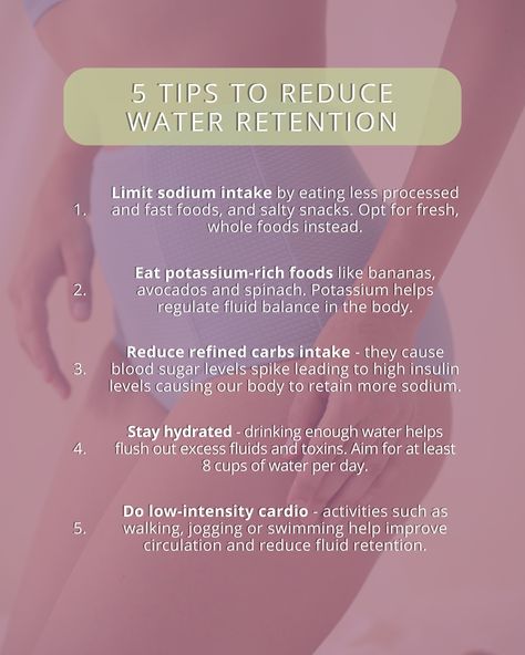 Water retention (also referred to as edema) is a the accumulation of excess fluid in the body's tissues. This causes puffiness and can affect your whole body.
Water retention can affect anyone, regardless of age, weight, gender, or fitness level. But, it can be reduced and managed through some lifestyle adjustments.
Swipe to check out our top 5 tips to reduce water retention and if you want to read about this in much more detail, check out our full blog post - follow the link in the post xx Remedies For Water Retention, Rachael Attard, Low Intensity Cardio, Reduce Water Retention, Potassium Rich Foods, Sodium Intake, Water Per Day, Body Tissues, Lifestyle Change