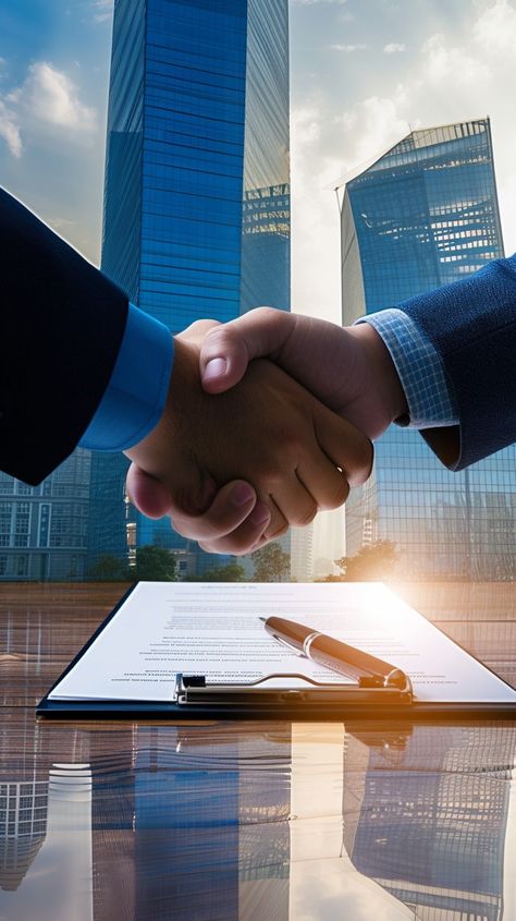 "Corporate #HandshakeAgreement: Two professionals shaking hands over a signed contract atop a sleek table with urban backdrop. #businessdeal #signingcontract #urbanoffice #professionalpartnership #contractagreement #aiimage #corporatevisual #stockcake ⬇️ Download and 📝 Prompt 👉 https://stockcake.com/i/corporate-handshake-agreement_220546_41134" Hand Shake Logo, Handshake Video, Business Handshake, Shake Hand, Contract Signing, Urban Office, Moon Balloon, Hand Shake, Open Bible