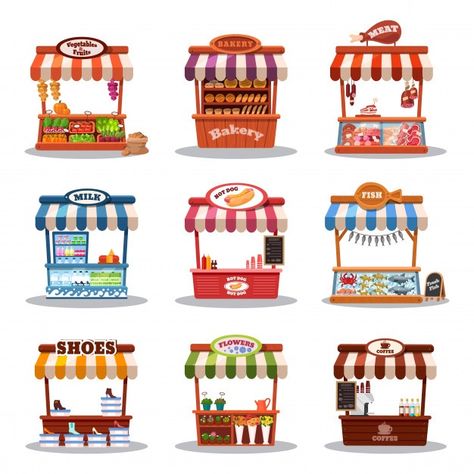 Stall street market  illustration. food ... | Premium Vector #Freepik #vector #flower #food #coffee #cartoon Market Illustration, Cart Logo, Grocery Supermarket, Dog Milk, Flat Icons Set, Food Graphic Design, Stall Designs, Food Stall, Market Stalls