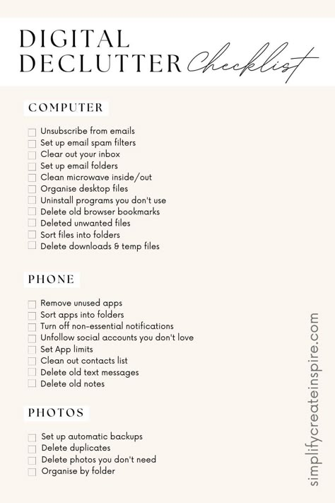 Computer Declutter Checklist, Declutter Life Checklist, Life Organization Checklist, Organising Your Life, Ultimate Decluttering Checklist, Decluttering Your Life, Digital Declutter Aesthetic, Digital Declutter Challenge, Social Media Declutter Checklist