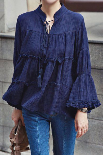 Stylish Stand Neck Long Sleeve Ruffles Women's Blouse Tunik Linen, Áo Blu, Salwar Kamiz, Fashion Tops Blouse, Mode Boho, Cute Blouses, Maternity Tops, Ladies Tops Fashion, Fashion Tops