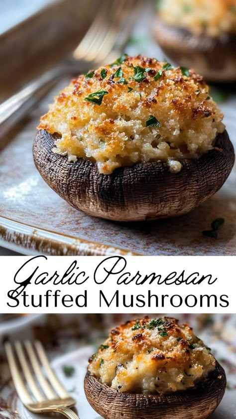 Add some cozy comfort to your fall dinner table with these garlic parmesan stuffed mushrooms. A perfect blend of garlic, herbs, and parmesan cheese makes this a delicious appetizer. Ideal for fall gatherings, these mushrooms are a must-try for any fall menu, bringing seasonal flavor to every bite. Big Stuffed Mushrooms, Pancetta Stuffed Mushrooms, Stuffed Mushrooms With Ricotta Cheese, Vegetarian Stuffed Mushrooms Appetizers, Stuffed Mushrooms Ritz Crackers, Ina Garden Stuffed Mushroom, Longhorn Parmesan Crusted Mushrooms, Parmesan Ranch Mushrooms, Fancy Stuffed Mushrooms