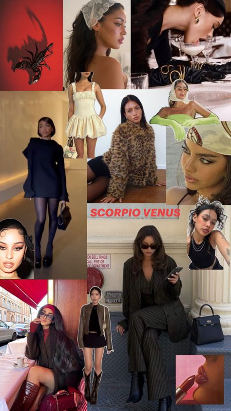 Style inspiration for Scorpio Venus, moodboard Scorpio Clothes, Sheer Long Sleeve Top Outfit, Venus Moodboard, Scorpio Venus Aesthetic, Astrology Makeup, Aesthetic Scorpio, Virgo Outfits, Venus Scorpio, Scorpio Style