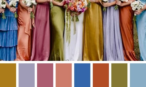 Multicolored Bridesmaids Dresses Fall Color Schemes, Different Colored Bridesmaid Dresses Spring, Multicolor Fall Wedding, Bridesmaid Dress Color Palette, Fall Rainbow Wedding, Muted Colorful Bridesmaids, Sunset Color Palette Bridesmaids, Multicolor Bridesmaid Dresses, Multple Colored Bridesmaid Dress Fall