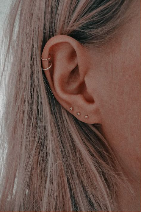 Helix Piercing Hoop Double, Double And Cartilage Piercing, Ear Piercings Helix Hoop Double, Double Helix Hoop Piercing, Double Helix Aesthetic, Ear Piercings For Small Ears Ideas, Double Helix Ear Piercing, Stacked Cartilage Piercing, Helix Piercing Inspiration