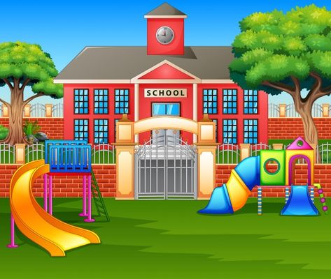 Premium Vector | Vector illustration of school building and green lawn Family Picture Cartoon, Playground Pictures, Playground Areas, Heart Coloring Pages, School Cartoon, Cartoon House, Birthday Cake Topper Printable, Areas Verdes, School Playground