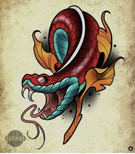 Neo Traditional Snake Tattoo Design, Traditional Colored Tattoos, Neotraditional Small Tattoo, Newschool Tattoos Design, Neo Trad Japanese Tattoo, New School Japanese Tattoo Designs, Neotraditional Dragon Tattoo, Neo Trad Snake, Neo Traditional Snake Tattoo