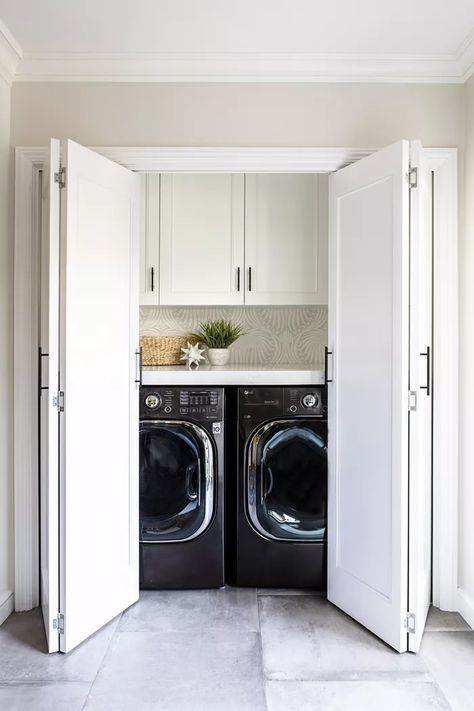 How to Create the Perfect Washer Dryer Closet Washer And Dryer Closet, Closet Washer And Dryer, Washer Dryer Closet, Hidden Laundry Rooms, Laundry Doors, Blue Laundry Rooms, Hidden Laundry, Stackable Washer And Dryer, Laundry Room Closet