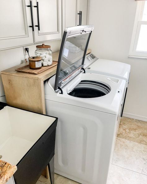 Over Washer Dryer Shelf, Shelf Over Top Loader Washer And Dryer, Diy Shelf Over Washer And Dryer, Over The Washer And Dryer Shelf, Behind Washer And Dryer Shelf Diy, Laundry Room Shelf Over Washer And Dryer, Laundry Utility Room Ideas, Shelves Over Washer And Dryer, Laundry Shelf Over Washer