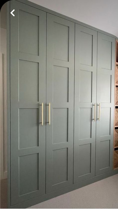 Coloured Fitted Wardrobes, Sage Wardrobe Bedroom, Whole Wall Wardrobe, Bedroom With Fitted Wardrobes, Full Wall Wardrobe Bedroom Ideas, Cupboard Colors Bedroom, Long Closet Ideas, Sage Wardrobe, Green Fitted Wardrobes