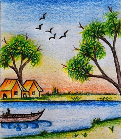 Village Scenery Drawing, Nature Drawing For Kids, Easy Nature Drawings, Beautiful Scenery Drawing, Landscape Drawing Easy, Village Scene Drawing, Scenery Drawing For Kids, Easy Scenery Drawing, Village Drawing