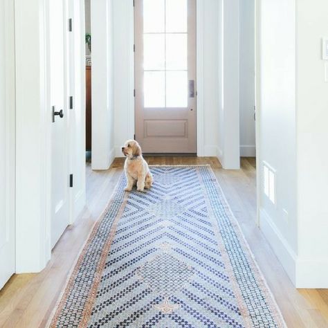 White Hallway, Hall Runner Rugs, Narrow Entryway, Area Rug Pad, Entryway Runner, Runner Rug Entryway, Hall Runner, Upstairs Hallway, Hallway Designs