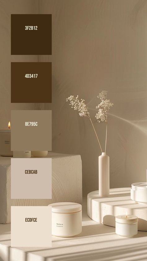 Colors:
3F2B12
4D3417
8E795C
CEBCAB
ECDFCE Portfolio Color Scheme, Candle Color Palette, Tranquil Color Palette, House Color Palette Interior, Wellness Color Palette, Elegant Colour Palette, Minimalist Colour Palette, Luxury Color Palette, Light Color Palette