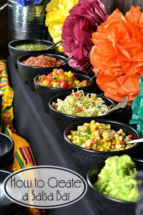 How to Create a Salsa Bar | Whether you're celebrating a birthday, having a fiesta or it's game day a salsa bar is fun and easy to put together. Tacobar Party, Mexican Party Food, Taco Bar Party, Salsa Bar, Mexican Birthday Parties, Nacho Bar, Mexican Fiesta Party, Mexican Dinner, Taco Bar