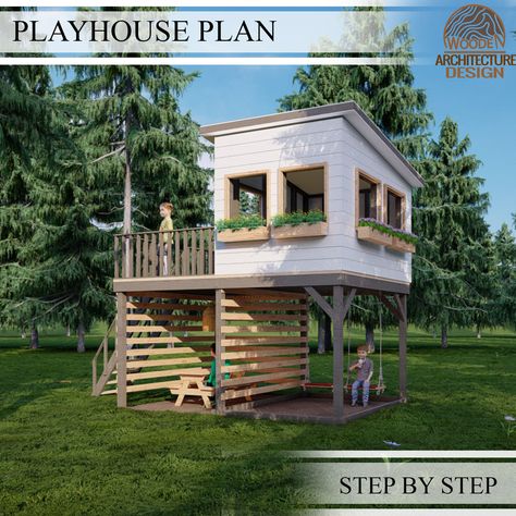 House With Pergola, Wooden Garden House, Playhouse Plan, Modern Playhouse, Tree Deck, Playhouse Plans, Tree House Plans, Diy Playhouse, Wooden Architecture