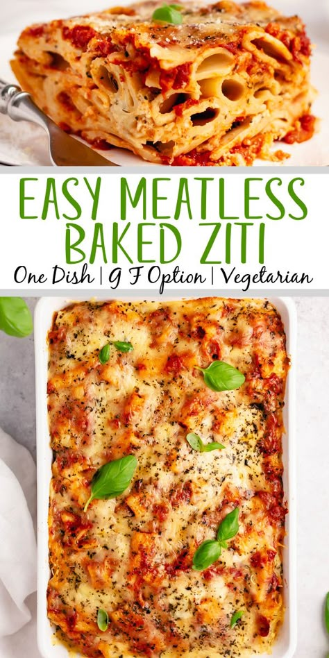 This easy meatless baked ziti is made with 3 cheeses layered in one delicious pasta dish. The ricotta, mozzarella, and parmesan melt together with the red sauce and ziti noodles for a satisfying vegetarian dinner that can easily be made gluten free. Baked in the oven in a quick 35 minutes, with only a few ingredients you likely already have in the pantry; you can't go wrong! #easymeatlessbakedziti #3cheesebakedziti #glutenfreebakedziti Baked Ziti Vegetarian, Baked Pasta Recipes Vegetarian, Meatless Baked Ziti, Ziti Noodles, Easy One Pan Meals, Meatless Pasta Recipes, Best Baked Ziti Recipe, Baked Mostaccioli, Baked Ziti With Ricotta