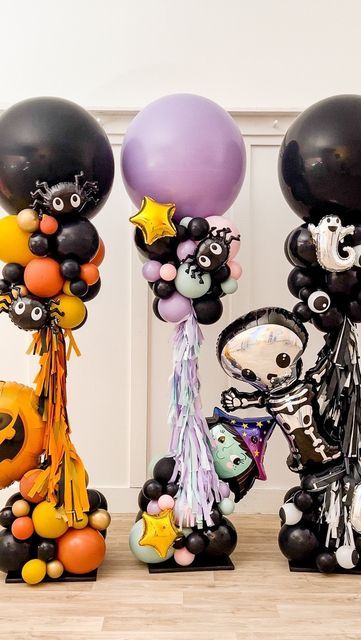 Halloween Party Balloon Decor, Halloween Photo Backdrop Ideas, Halloween Balloon Tower, Halloween Balloon Backdrop, Halloween Balloon Columns, Halloween Balloon Decor, Globos Halloween, Halloween Balloon Arch, Boo Decorations