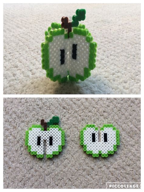 Perler beads green 3-D apple Perler Bead Crayon, Standing Perler Bead Patterns, Apple Perler Bead Patterns, Pyssla Ideas Mini, Green Perler Beads, 3d Iron Beads, Bead Mania Ideas, Tiny Perler Bead Patterns Easy, Apple Perler Beads