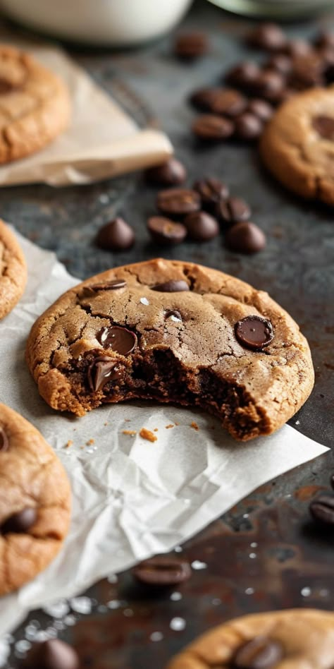 Chocolate Chip Espresso Cookies – Chasety Creative Cookies Photography, Chocolate Chip Cookie Photography, Coffee And Cookies Photography, Baking Photography Ideas, Cookies Photography Ideas Inspiration, Cookie Photography Ideas, Cookie Product Photography, Aesthetic Desserts Photography, Cookies Aesthetics