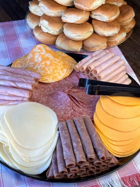 Meat Cheese Tray, Deli Tray Ideas Diy Party Platters, Party Meat And Cheese Trays, Meat And Cheese Party Trays, How To Fold Deli Meat For Charcuterie, Make Your Own Sandwich Platter, Meat And Cheese Platter For Sandwiches, Deli Platter Ideas Meat Trays, Deli Meat And Cheese Tray Ideas