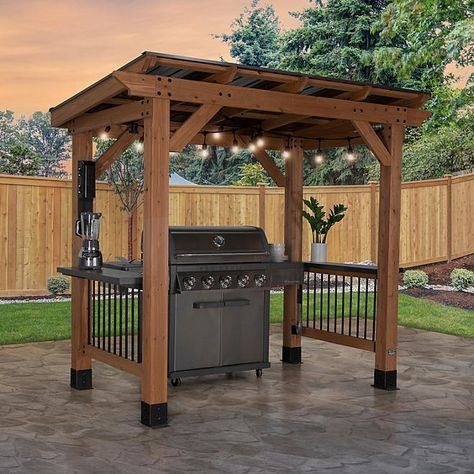 Bbq Canopy, Hip Roof Design, Steel Countertops, Small Backyard Decks, Grill Canopy, Deck Grill, Cooking Station, Backyard Patio Deck, Outdoor Cooking Spaces