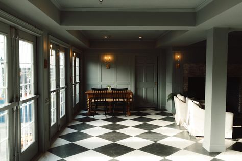 the checkered floor and sage green walls at @thelitchfieldinn Checkered Floor, Hill Photo, Checkerboard Floor, Castle Home, Store Sign, Sage Green Walls, Painted Floor, Green Cabinets, Green Walls