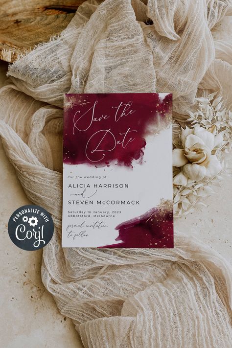 Gold Wedding Invitations, Maroon Gold Wedding, Watercolor Wedding Invitations, Maroon Invitation, Maroon Background, Watercolor Wedding Invitation, Card Inspo, Wedding Elements, Save The Date Templates