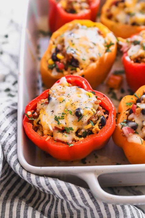 Vegetarian Stuffed Peppers - Tastes Better From Scratch Vegetable Stuffed Peppers, Pepper Recipes Healthy, Recipes Meatless, Veggie Mains, Baked Peppers, Vegetarian Stuffed Peppers, Stuffed Peppers Recipe, Roasted Cauliflower Soup, Flavorful Dinner