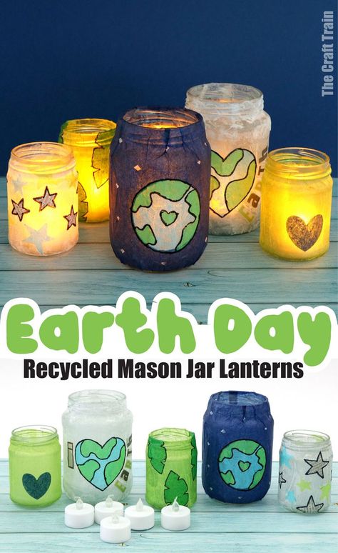 A set of lanterns made from tissue paper for Earth Day Recycled Crafts For Earth Day, Project For Earth Day, Recycled Projects For School Useful, Recycling Projects For School Earth Day, Kids Recycle Project, Earth Day Recycle Projects Ideas, Earth Day Recycled Crafts, Creative Recycled Projects, Earthday Craft For Kids