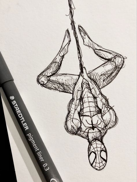 Spiderman Drawing Upside Down, Spiderman City Drawing, Spiderman Perspective Drawing, How To Sketch Spiderman, Spider Man Hanging Upside Down Drawing, Spiderman With Headphones Drawing, Spiderman Pen Drawing, Spiderman Hand Drawing, Spiderman Line Art