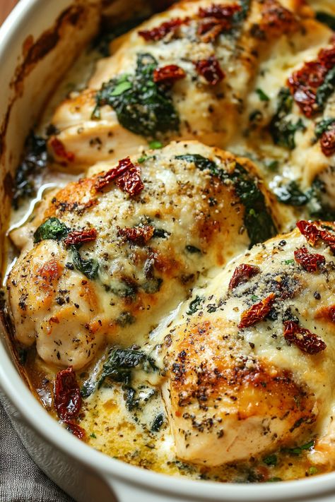 Baked Tuscan Chicken Casserole Good Chicken Dinners, Italian Chicken Bake Casserole, Tuscan Chicken Dutch Oven, Chicken Dishes For Dinner Baking, Oven Cooked Chicken Recipes, Fancy Dinner Casseroles, Tuscan Chicken Casserole Recipes, Savory Baked Chicken Recipes, Chicken Recipes For Oven