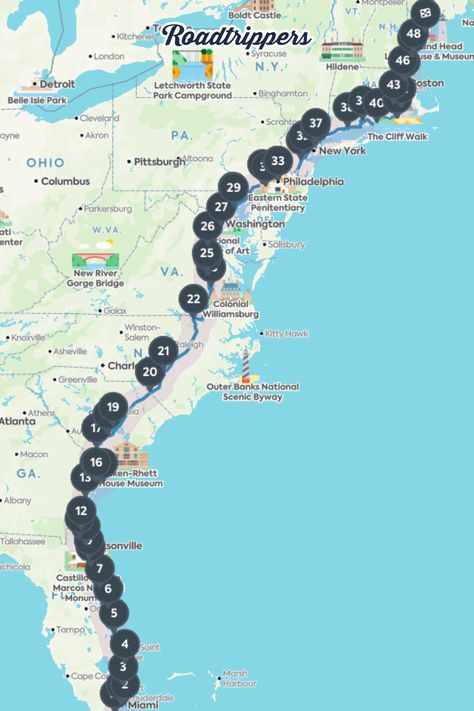 East Coast Road Trip Map, Ny To Florida Road Trip, Atlantic Coast Road Trip, Best Road Trips From Florida, American Road Trip Routes, I-95 Road Trip, Road Trip Routes United States, Cross Country Road Trip Aesthetic, Us Road Trip Routes