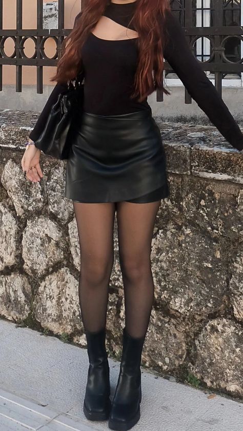 How To Style A Black Skirt For School, Winter Outfit Leather Skirt, Black Mini Skirt And Black Tights Outfit, Outfit Ideas Winter Skirt, Black Leather Tights Outfit, Above The Knee Socks Outfit, Boots Outfit Night Out, Winter Skirts And Boots, Tight Boots Outfit