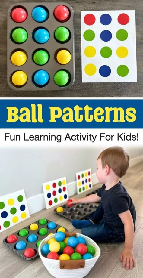 [AffiliateLink] Ball Patterns Are A Simple Matching Game Using Colorful Plastic Ball Pit Balls, A Muffin Tin, And Easy To Make Pattern Paper (Made With Stickers Or Markers). A Fun Indoor Learning Game For 2-4 Year Olds! Keeping Kids Entertained During The Summer Isn't Easy. I'm Always Looking For Activities That Are Not Just Fun For My 8 Year Old, But That Will Also Help Him Get Ready For Preschool. This Colorful Pattern Game Kept My Preschooler Busy For Hours! #indooractivitiesforkids3-4 Ball Theme For Preschool, Toddler Large Group Activities, Pattern Recognition Activities, Pom Pom Activities For Toddlers, Early Years Activities 2-3, Pom Pom Activities, Preschoolers Activities, Game For Preschoolers, Preschool Color Activities