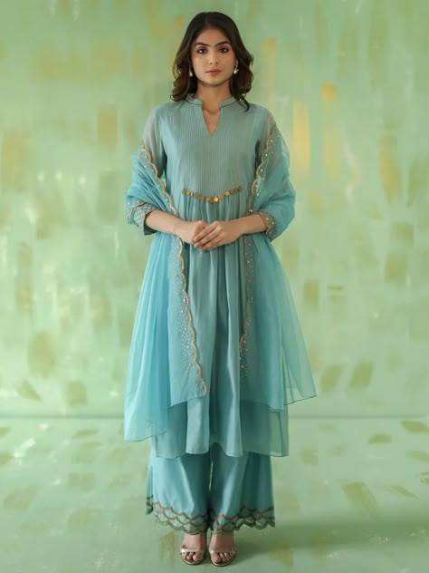 Buy Powder Blue Embroidered Chanderi Suit with Organza Scalloped Dupatta- Set of 3 | TABWK1003/TABI1 | The loom Golden Lehenga, Collar Kurta, Kurta Pant Set, Zari Embroidery, Organza Dupatta, Indian Fashion Designers, Indian Designer Outfits, Kurta With Pants, Fashion Attire