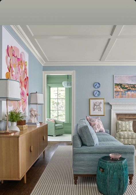 Colorful Grandmillenial Living Room, Great Room Design Ideas, Transitional Blue Living Room, Sage Sofa Living Room Decor, Nyc Living Room Apartment, Colorful Grandmillenial, Colorful Traditional Home Decor, Light Blue Living Room Color Scheme, Living Room Preppy