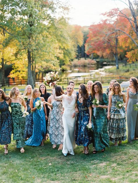 Mismatched Jewel-toned/teal bridesmaids dresses- girls all holding micro bouquets that compliment bride's bouquet

  Peach, champagne, soft greenery, cream, blush.  Peaches and cream dahlias! 

Floral Design: @hanafloral 
Photographer: Leila Brewster https://leilabrewsterphotography.com Mixed Blue And Green Bridesmaid Dresses, Fall Mix Match Bridesmaid Dresses, Blue And Green Bridesmaid Dresses Mismatched, Dark Blue Bridesmaid Dresses Mismatched, Mismatch Blue Bridesmaids, Colorful Mismatched Bridesmaid Dresses, Blue Mix And Match Bridesmaid Dresses, Green Mix And Match Bridesmaid Dresses, Mixed Bridesmaid Dresses Fall