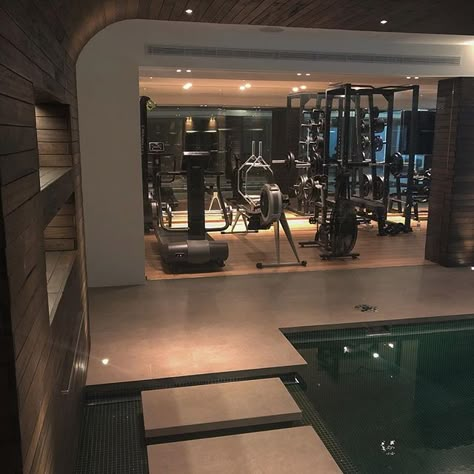 Gym Next To Pool, Indoor Pool Apartment, Gym And Pool Design, Home Gym Aesthetic Black, Home Gym Pool House, Luxury Home Gym Aesthetic, Expensive Gym Aesthetic, Private Gym Luxury, House Gym Aesthetic