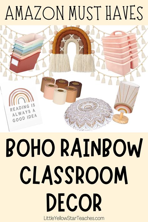 Rainbow Wall Classroom, Boho Classroom Inspiration, Classroom Decor Amazon, Neutral Rainbow Classroom Decor, Boho Classroom Themes Elementary, Amazon Classroom Decor, Boho Style Classroom, Classroom Boho Decor, Boho Reading Corner Classroom