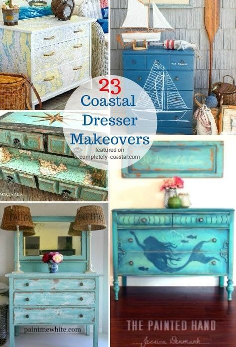 Coastal Beach & Nautical Dresser Makeover Ideas... Transform a Drab Dresser into a Stunning Coastal Furniture Piece... Many Different Ideas and Techniques. #furnituremakeovers #coastaldecor Nautical Dresser, Dresser Makeover Ideas, Coastal Dresser, Diy Furniture Makeover Ideas, Dresser Makeovers, Coastal Ideas, Cottage Style Interiors, Furniture Makeover Ideas, Beach Furniture