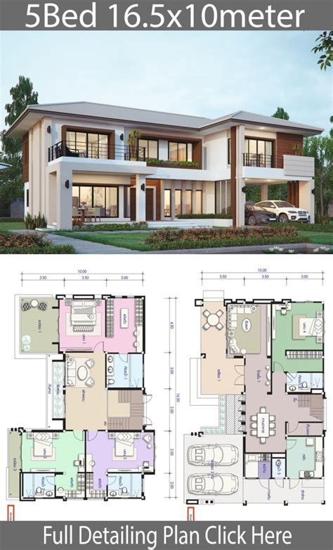 House Design Plan 16.5x10m With 5 Bedrooms - Home Ideas House Projects Architecture, 2 Storey House Design, 2 Storey House, Two Story House, House Plan Gallery, House Construction Plan, Model House Plan, House Layout Plans, Sims House Plans