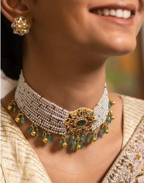 VeroniQ Trends-Elegant Fresh Water Pearls Choker Necklace in 92.5 Silver And Kundan-Green Beads-South Indian-Wedding-USA-Dubai-Earrings by VeroniQTrends on Etsy Jadau Choker, Unique Wedding Jewelry, Multi Gemstone Necklace, Kundan Jewellery Set, Choker Necklace Designs, Kundan Choker, Polki Necklace, Polki Jewellery, Kundan Necklace