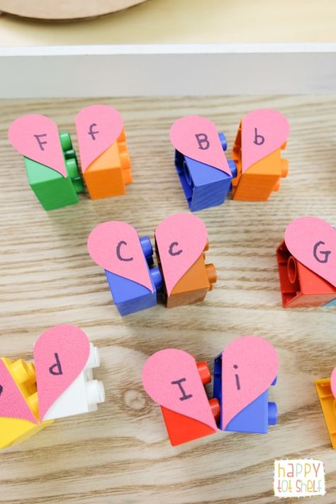 Hearts Letter Matching Puzzle - A Hands-On Duplo Activity Letter Matching Activities, The Confession, Letter Recognition Activities, Toddler Curriculum, Alphabet Recognition, Preschool Alphabet, Valentine's Party, Letter Games, Kindergarden Activities