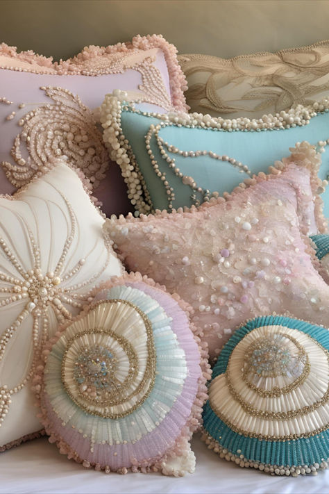 seashell Pillows, Beach Pillows, Summer Home Decor, beach house decor Shell Bedroom Decor, Mermaid Core Aesthetic Bedroom, Sea Shells Room Decor, Sea Shell Bedroom, Girly Beach House, Under The Sea Room Ideas, Beach Dorm Aesthetic, Mermaid Inspired Bedroom, Boho Beach Room Decor